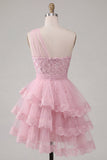 Robe de fin d’année rose rose à une épaule à étages florales