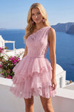 Robe de fin d’année rose rose à une épaule à étages florales