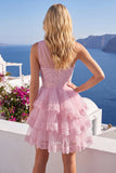 Robe de fin d’année rose rose à une épaule à étages florales
