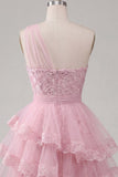 Robe de fin d’année rose rose à une épaule à étages florales