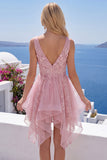 Robe de rentrée rose rose en vrillette à col en V pour la rentrée à la maison