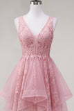 Robe de rentrée rose rose en vrillette à col en V pour la rentrée à la maison