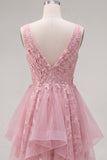 Robe de rentrée rose rose en vrillette à col en V pour la rentrée à la maison