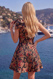 Robe de rentrée bleue Jacquard à une épaule en ligne A avec nœud