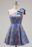 Robe de rentrée bleue Jacquard à une épaule en ligne A avec nœud