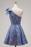Robe de rentrée bleue Jacquard à une épaule en ligne A avec nœud