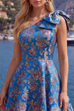 Robe de rentrée bleue Jacquard à une épaule en ligne A avec nœud