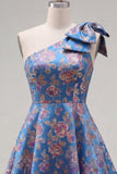 Robe de rentrée bleue Jacquard à une épaule en ligne A avec nœud