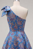 Robe de rentrée bleue Jacquard à une épaule en ligne A avec nœud