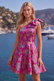 Robe de rentrée bleue Jacquard à une épaule en ligne A avec nœud