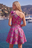 Robe de rentrée bleue Jacquard à une épaule en ligne A avec nœud