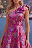 Robe de rentrée bleue Jacquard à une épaule en ligne A avec nœud