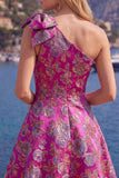 Robe de rentrée bleue Jacquard à une épaule en ligne A avec nœud