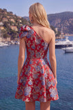 Robe de rentrée bleue Jacquard à une épaule en ligne A avec nœud