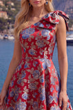 Robe de rentrée bleue Jacquard à une épaule en ligne A avec nœud