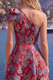 Robe de rentrée bleue Jacquard à une épaule en ligne A avec nœud