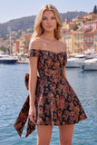 Robe de bal noire jacquard en ligne A avec nœud de fin d’année