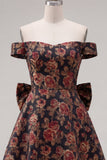 Robe de bal noire jacquard en ligne A avec nœud de fin d’année