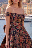 Robe de bal noire jacquard en ligne A avec nœud de fin d’année