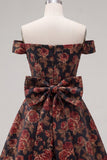 Robe de bal noire jacquard en ligne A avec nœud de fin d’année