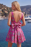 Robe de rentrée rouge Jacquard à col en V rouge avec nœud de rentrée