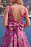 Robe de rentrée rouge Jacquard à col en V rouge avec nœud de rentrée