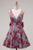 Robe de rentrée rouge Jacquard à col en V rouge avec nœud de rentrée