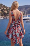 Robe de rentrée rouge Jacquard à col en V rouge avec nœud de rentrée