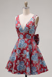 Robe de rentrée rouge Jacquard à col en V rouge avec nœud de rentrée