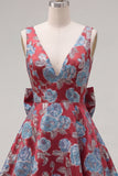 Robe de rentrée rouge Jacquard à col en V rouge avec nœud de rentrée
