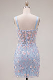 Robe de rentrée à la maison avec corset transparent bleu transparente, fleur plissée et applique, avec fente