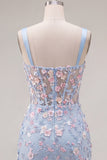 Robe de rentrée à la maison avec corset transparent bleu transparente, fleur plissée et applique, avec fente