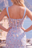 Robe de rentrée à la maison avec corset transparent bleu transparente, fleur plissée et applique, avec fente