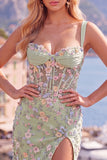 Robe de rentrée à la maison avec corset transparent bleu transparente, fleur plissée et applique, avec fente