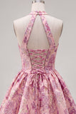 Robe de rentrée florales Jacquard à col nu en fuchsia