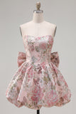Robe de rentrée fleurie A-Line Pink Sweetheart Jacquard avec nœud