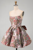 Robe de rentrée fleurie A-Line Pink Sweetheart Jacquard avec nœud
