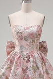 Robe de rentrée fleurie A-Line Pink Sweetheart Jacquard avec nœud