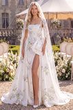 Robe de mariée de plage perlée en ligne A en train de fleurs blanches vertes avec voiles