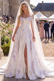 Robe de mariée de plage en train de balayage en train de corset en ligne blanche violette avec voiles