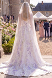 Robe de mariée de plage en train de balayage en train de corset en ligne blanche violette avec voiles