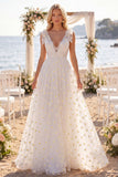 Robe de mariée de plage blanche fleurale à col en V avec nœuds