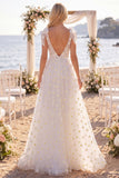 Robe de mariée de plage blanche fleurale à col en V avec nœuds