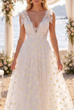 Robe de mariée de plage blanche fleurale à col en V avec nœuds