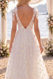 Robe de mariée de plage blanche fleurale à col en V avec nœuds