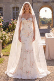 Robe de mariée de plage avec traînes de sirène en fleur rouge blanche et sirène avec voiles