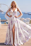 Robe de mariée de plage à traîne en traîne blanche violette à col en V avec voiles