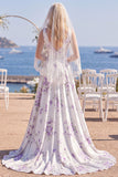 Robe de mariée de plage à traîne en traîne blanche violette à col en V avec voiles