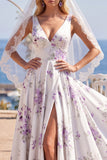 Robe de mariée de plage à traîne en traîne blanche violette à col en V avec voiles