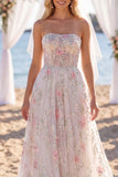 Robe de mariée en train de queue blanche blanche rose scintillante sans bretelles A Line Sweep Train, avec voiles